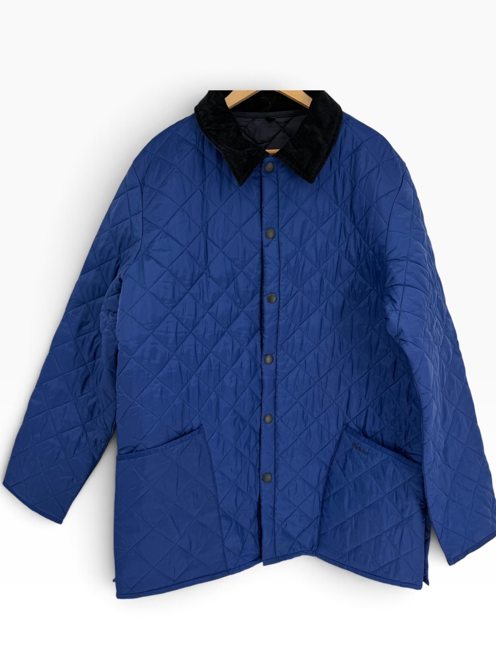 Barbour Liddesdale Quilted Blue Snap Coat Jacket Size XL Corduroy Collar pockets